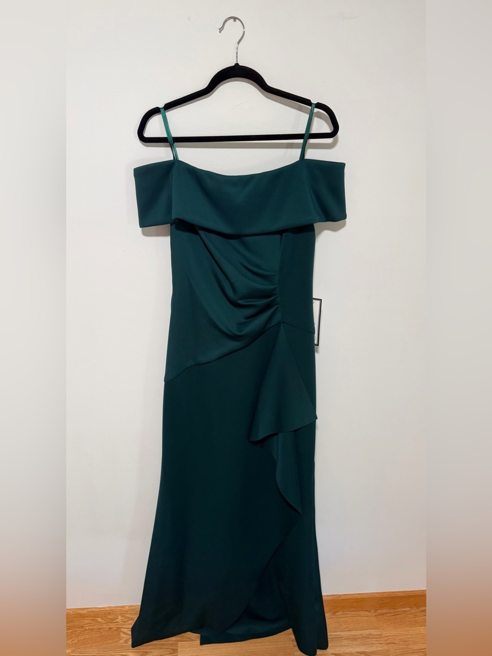 Dark Green off the shoulder evening gown with side ruffle NEW